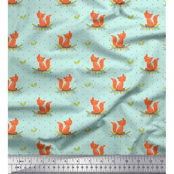 Soimoi Green Rayon Crepe Fabric Tribal Fox & Dots Print Fabric by Yard 46 Inch Wide