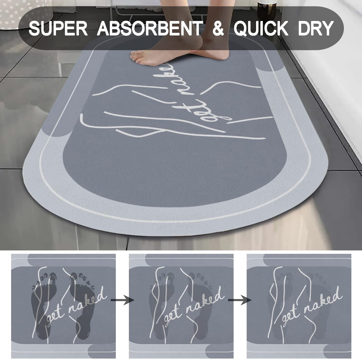 Funny Get Naked Bath Mat 20"x32" Super Water Absorbent Quick Dry Rubber Backed Washable Fun Bathroom Rugs Non Slip Bath Rugs Mats for Shower Oval Blue Bathroom Rug