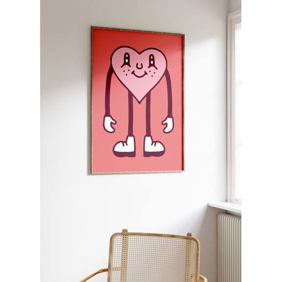 Retro Mascot Heart Illustration Y2K Wall Art, Unframed Paper Print Size 8x12