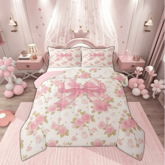 Manfei Dreamy Pink Bowknot Bedding Comforter Set, Vintage Rustic Flower Twin Comforter Sets, Teens Kids Child Reversible Bedding Set, Lightweight Room Decor, 2-Piece