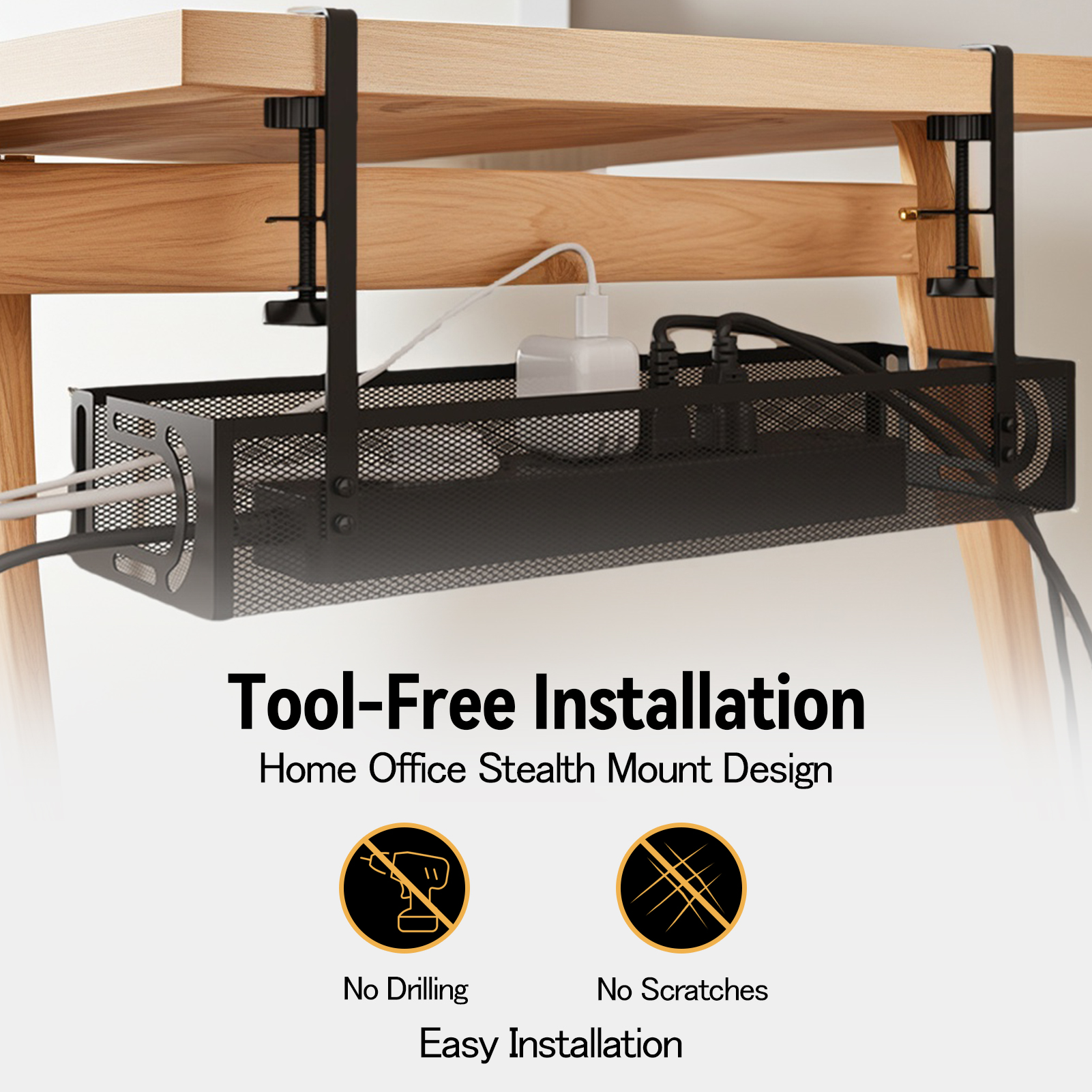 HonorHut Office Under Desk Organizer File Holder & Storage Basket No Drill Installation Carbon Steel Under Desk Tray Keep Papers & Supplies Neat Black