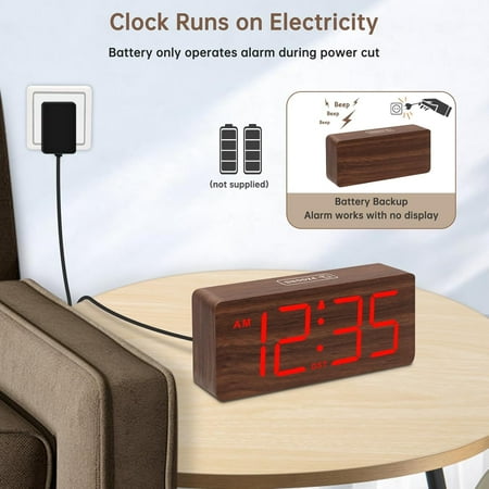 PYAN-Wooden Digital Alarm Clock for Bedroom - Desk Clocks with Large Numbers for Living Room, Office, Dimmer, Loud Alarm for Heavy Sleepers with Volume Control, DST, Wood Decor (Plug in Clock)