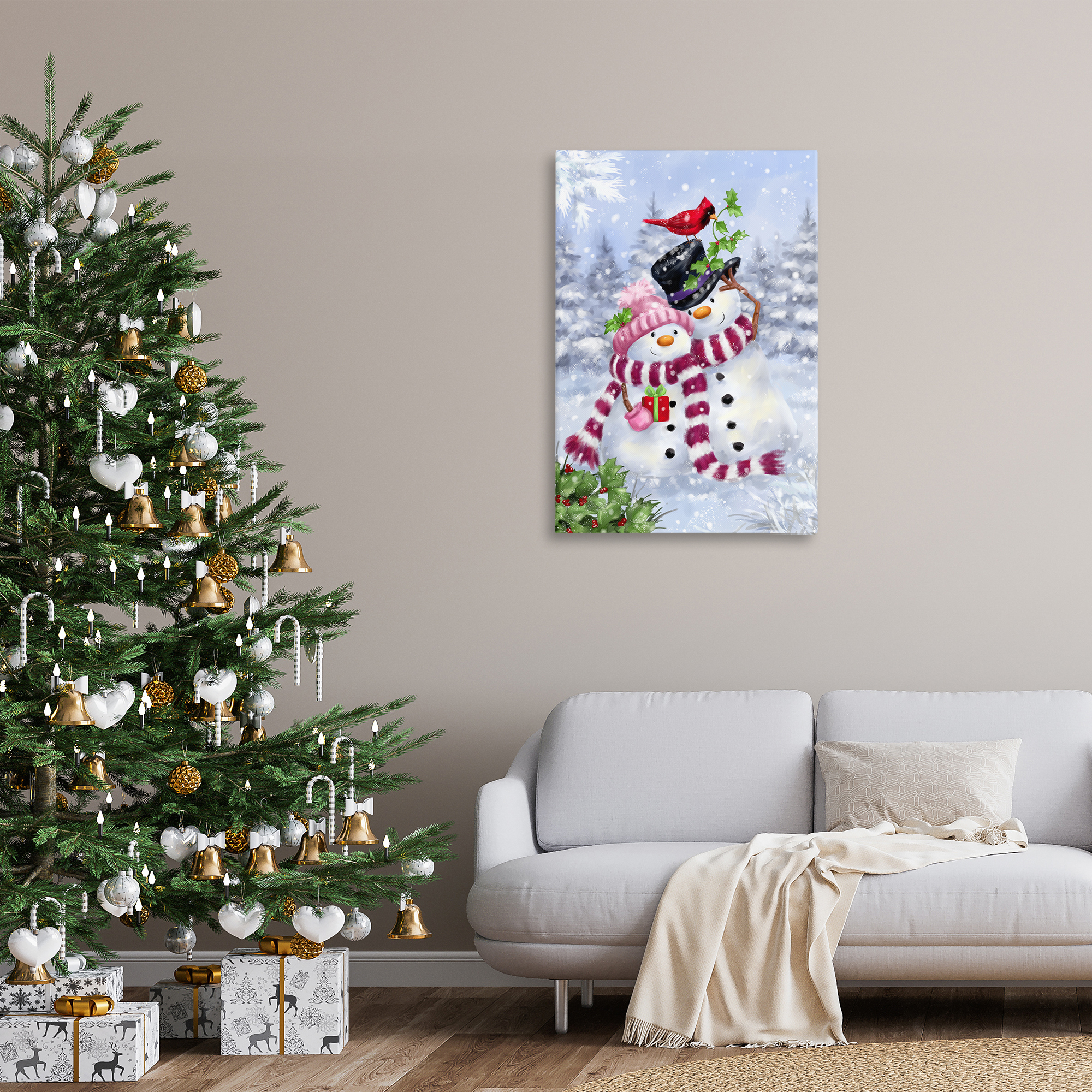 Stupell Industries Happy Snowman & Cardinal Holiday Painting Gallery Wrapped Canvas Art Prints Wall Art, 24 x 36