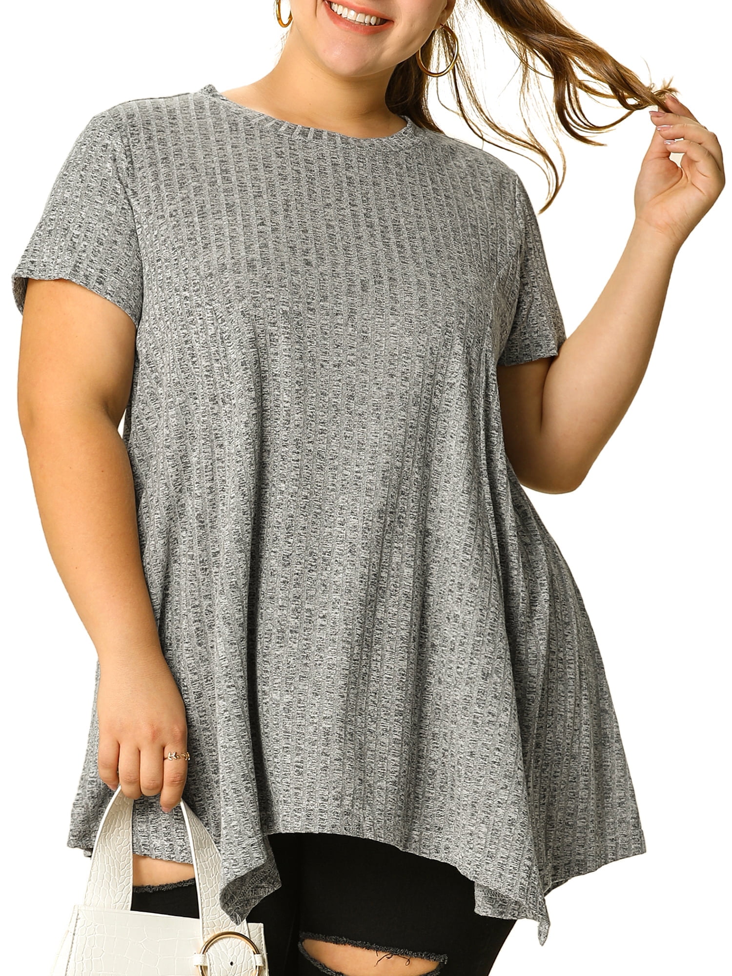 DARING DIVA Women's Plus Crew Neck Flowy Swing Loose Tunic Tops 2X Gray