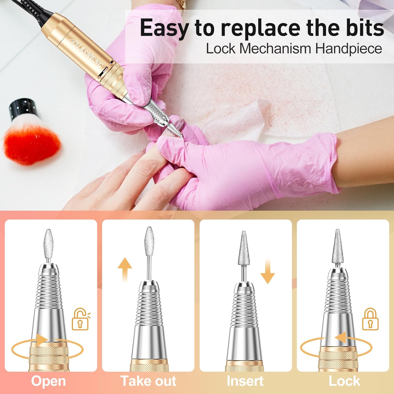 Electric Nail Drill Machine, 30000 RPM Compact Professional Nail File Kit with 6 Drill Bits & 100 Sanding Bands, Low Noise Operation for Acrylic/Gel Nail Removal, Manicure & Pedicure, Salon Use