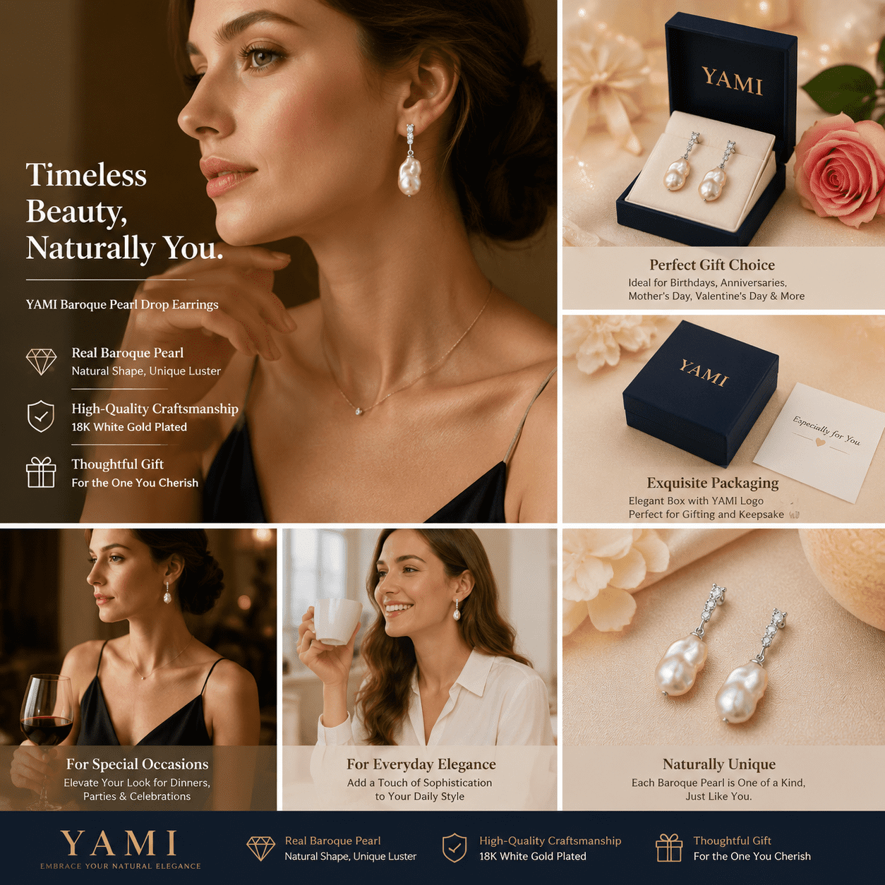 YAMI 9-10mm Baroque Freshwater Purple Pearl Earrings, 925 Sterling Silver Dangle Drop Earrings with CZ, Cultured Pearl  Mother's Day Jewelry Gift for Women