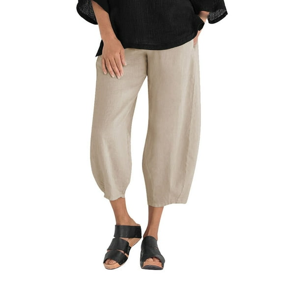 Herrnalise Women Casual Solid Cotton Pants Trousers Elastic Band Loose Wide Leg Pants Khaki 4XL