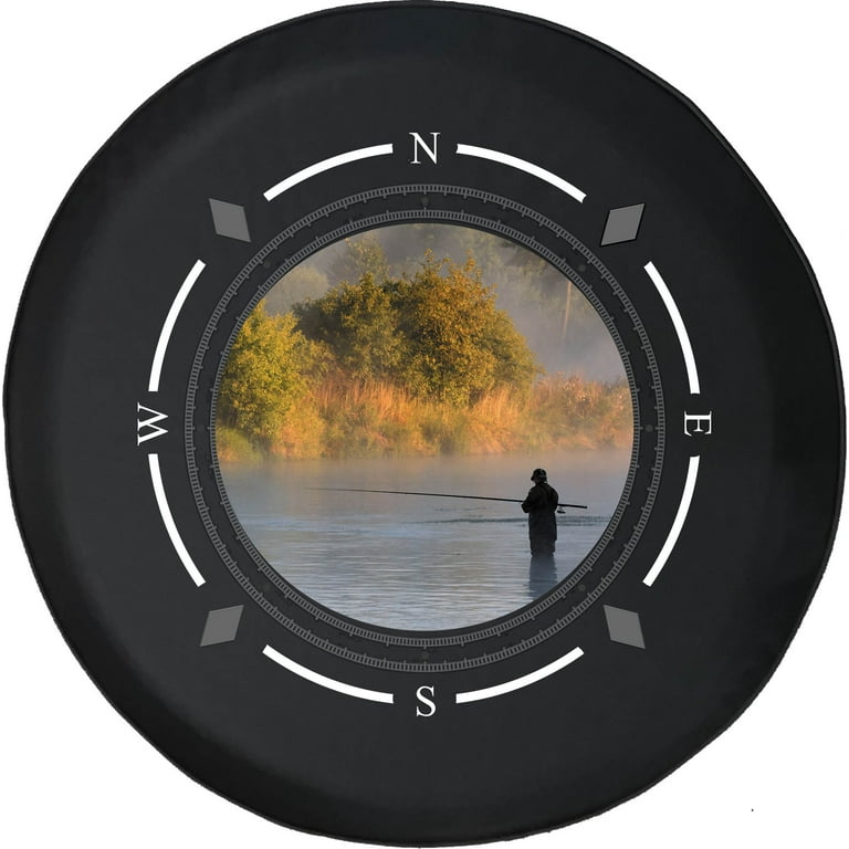 Spare Tire Cover Compass Fly Fishing Wading in The River Lake Wheel Covers  Fit for SUV accessories Trailer RV Accessories and Many Vehicles