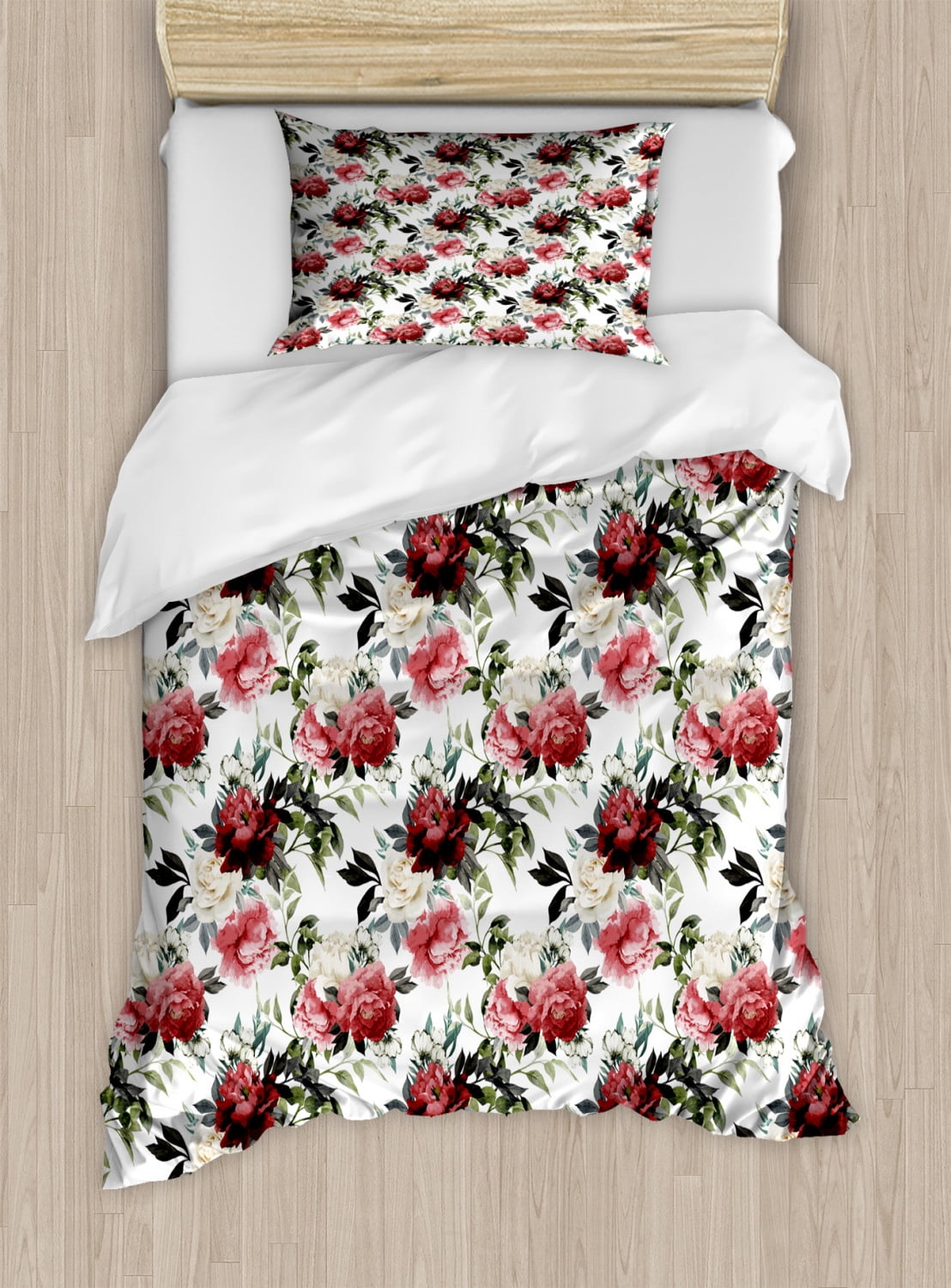 Shabby Chic Duvet Cover Set, Floral Flower Roses Buds with Leaves and