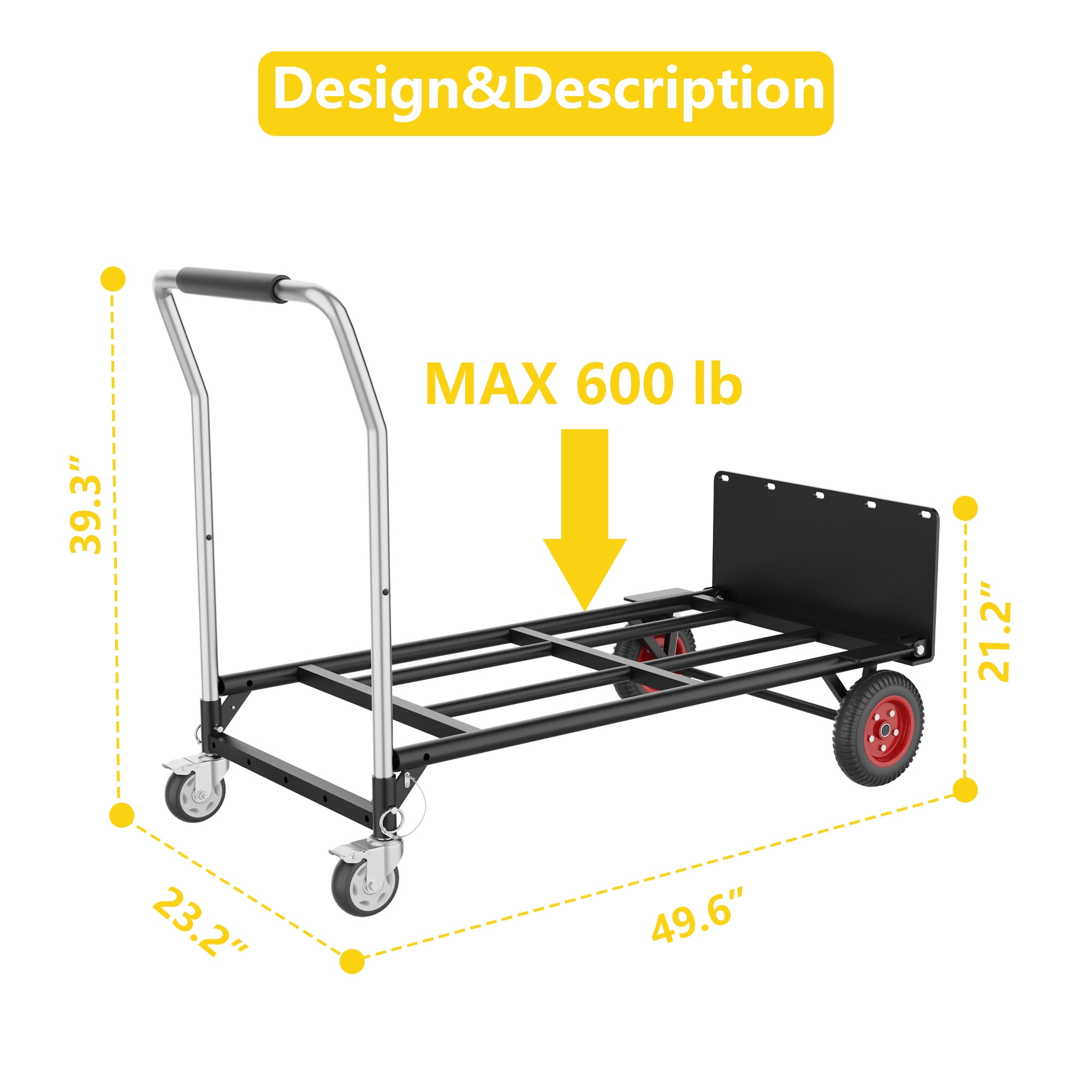 3-in-1 Folding Hand Truck Dolly - 600lb Load Rating Convertible 2-Wheel & 4-Wheel Cart for Moving, Warehouses, and Home Use