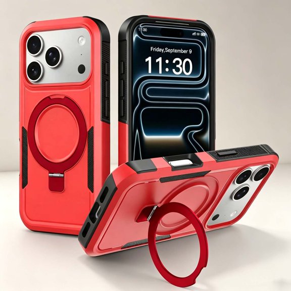 For iPhone 14 Pro Phone Case,2-in-1 Heavy Duty PC TPU Hybrid Protection,With Contractile Ring Kickstand,Shockproof Non-Slip Drop Protection,Rugged Durable Magnetic Phone Case,Red