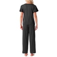 thumbnail image 3 of Conjunto de pijama de satén sedoso para mujer INSPIRE CHIC de 2 piezas, con top de manga corta con volantes y pantalones largos, ropa de dormir y loungewear, color negro, 3 of 5