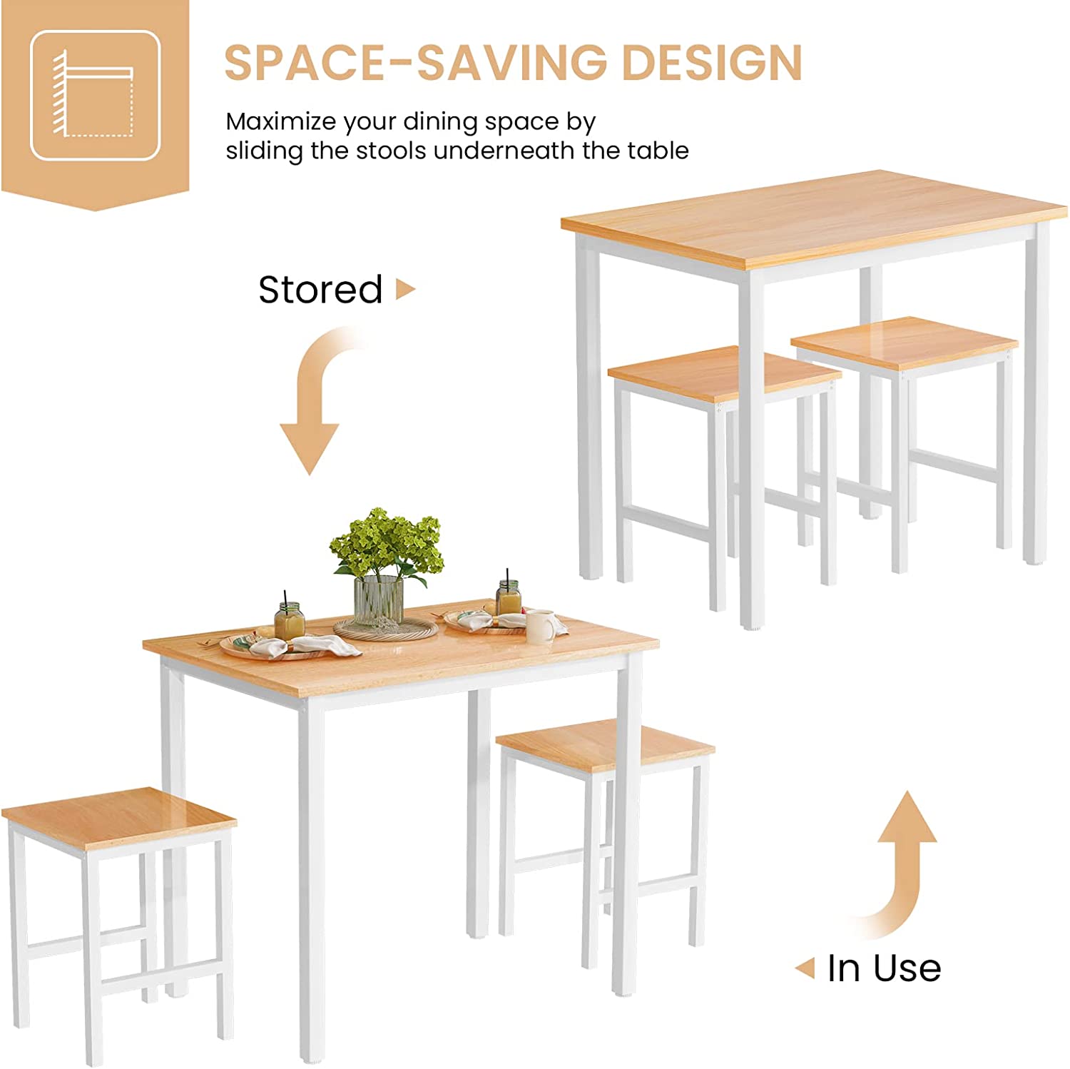 LinkRomat 3 Piece Dining Room Table Set for 2, 47" Farmhouse Dining Table with Benches, Rectangular Kitchen Sets for Small Space, Apartment, Restaurant, White & Walnut