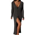 thumbnail image 2 of Robe Chandail Longue en Tricot à Col en V Profond pour Femmes avec Boutons, Manches Longues, Robe Maxi, 2 of 6