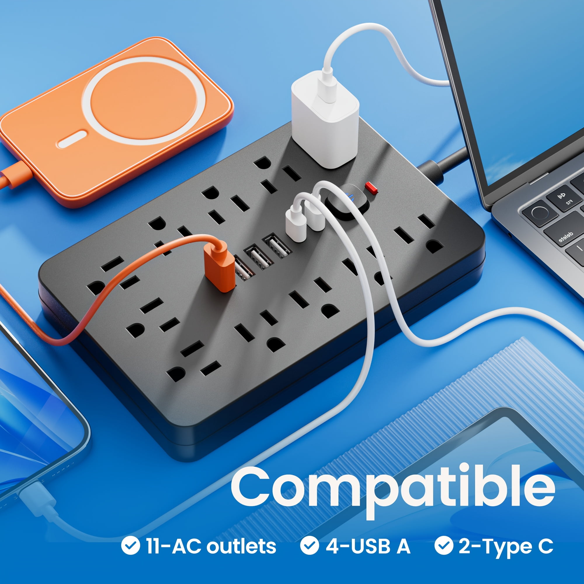 17-in-1 Flat Plug Power Strip Surge Protector, 11 Spacious AC Outlets & 6 USB Ports (2 Type-C), Overload Protection, Long Extension Cord, Multi Outlet Expander for Home Office Desk Wall Plug Adapter