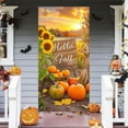 thumbnail image 2 of Hello Fall Door Cover Thanksgiving Backdrop Pumpkin Sunflower Wagon Field 71x35 Inch Rustic Autumn Banner for Porch Wall Decor Fall Harvest Photo Booth Props, 2 of 6