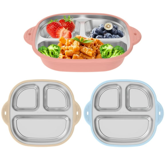 3Pcs Stainless Steel Kid Divided Plate Safe Baby Suction Plate Kid Dish with Suction Cup for Kids Baby Toddlers