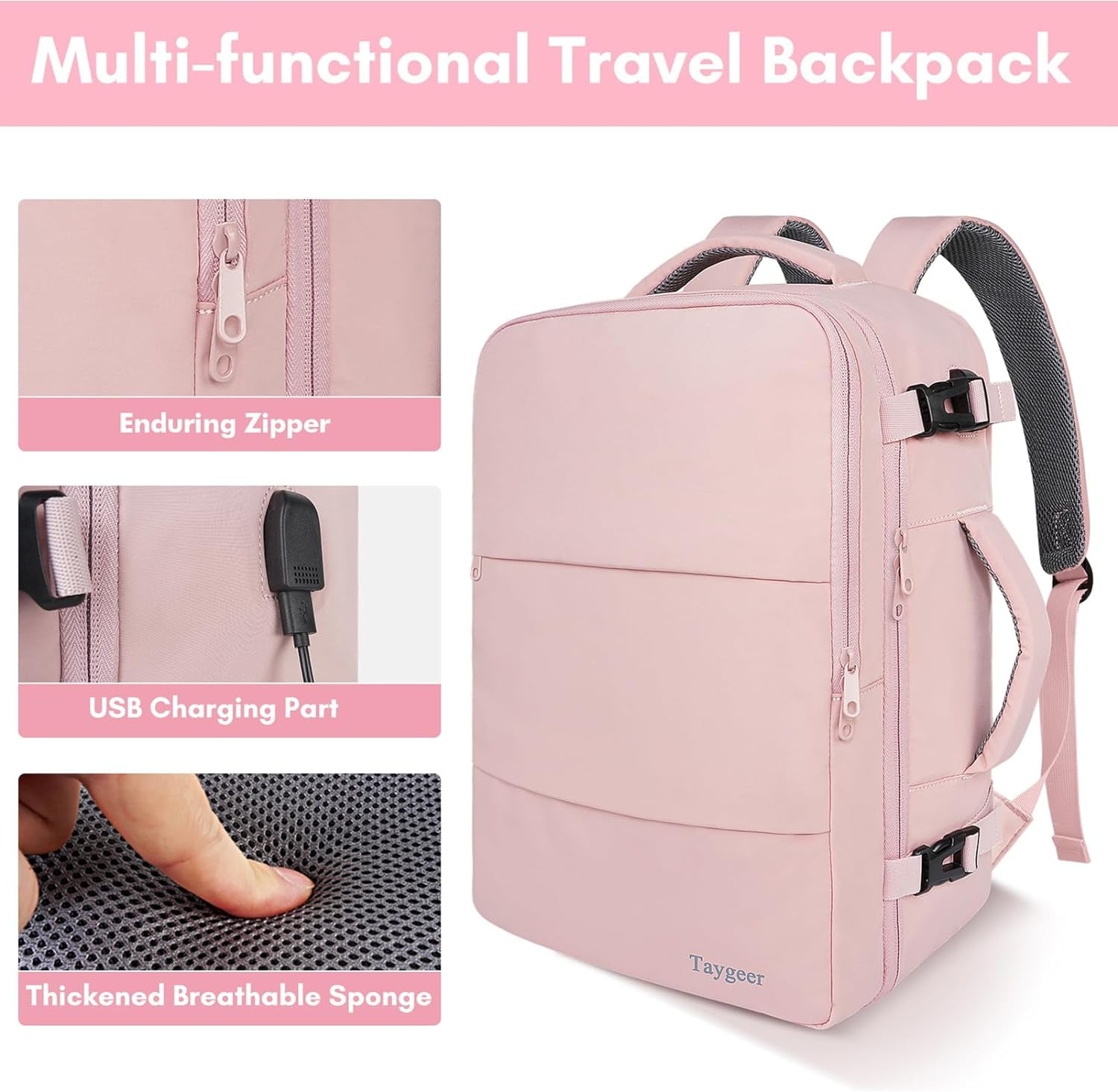 Taygeer Travel Backpack for Women, Carry on Big Bag , TSA 15.6in Laptop Bag Pink