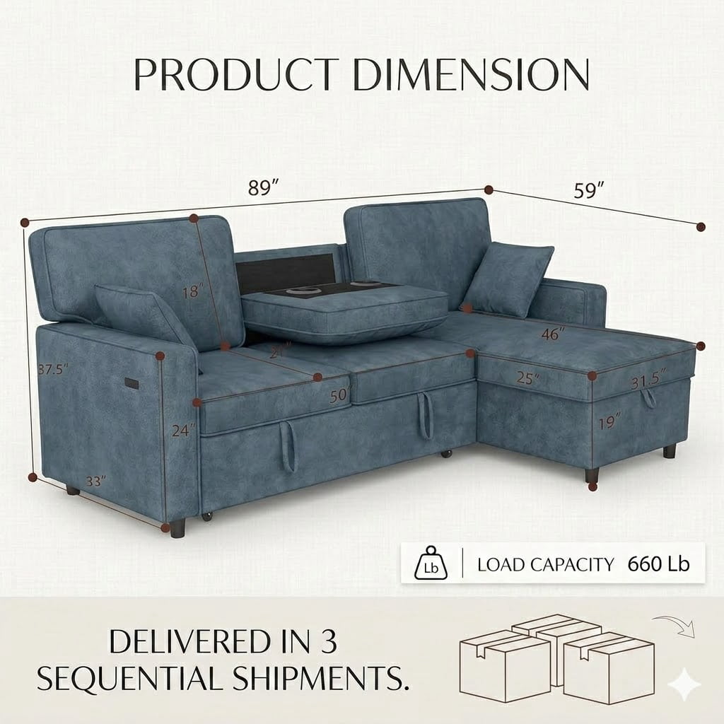 Howcool Sectional Sleeper Sofa,L Shaped Chenille Convertible Sofa Bed 89" 3 Seater with Flip-Down Center Console & USB Charging Ports,Pull Out Couch for Living Room Apartment Office,Blue
