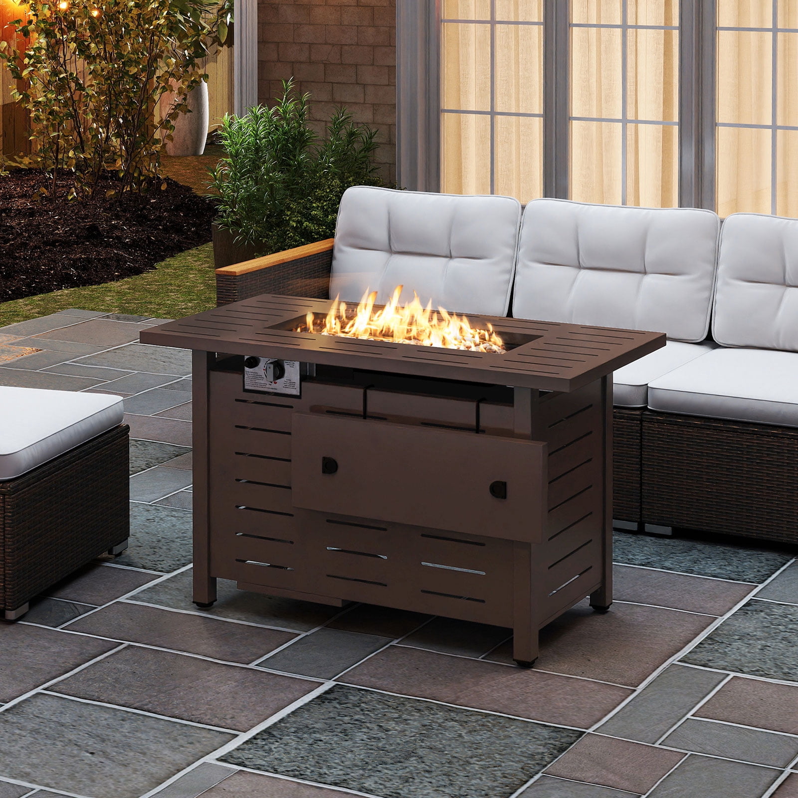 Costway 40-Inch Outdoor Propane Fire Pit with Lava Rocks Removable Lid & Protective Cover Brown