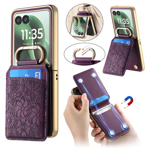 Dteck Magnetic Buckle Case For Motorola Razr 2025 / Razr 60, Shockproof Finger Ring Back Card Pocket PU Leather Stand Cover, Purple