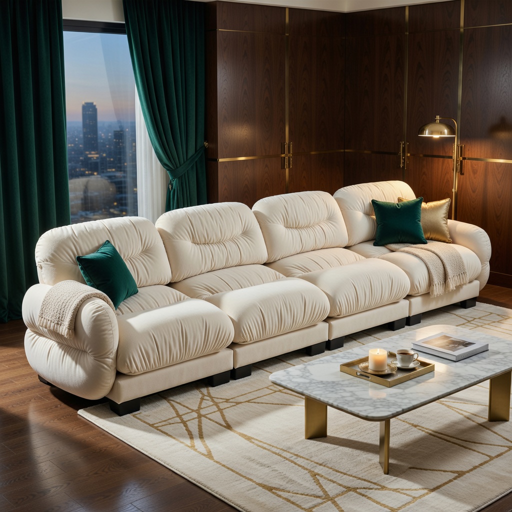 Hommoo Chenille 4-Seat Modular Sofa with Pleated Back, Ergonomic High-Density Foam Cushions & Curved Armrests, Includes 2 Round Throw Pillows, Beige