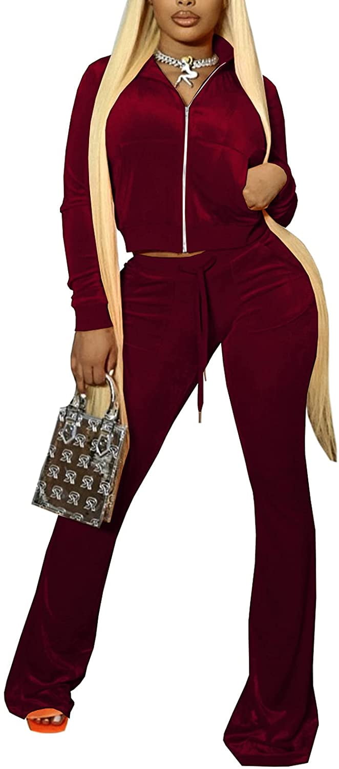 Women Casual 2 Piece Outfit Tracksuits High Waist Flared Pant Workout Sets  with Pockets 