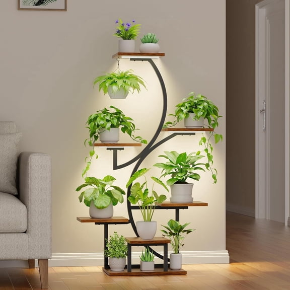BECOKOME Plant Stand Indoor with Grow Lights 7 Tier 44 inch Corner Plant Shelf S Shaped Tall Plant Rack for Multiple Plants with 3 Timer 10 Brightness Levels