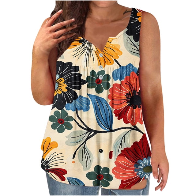 Économies d'Été en Liquidation! Débardeurs yoeyez pour Femmes Grande Taille Imprimé Floral Sans Manches Blouse Col Rond Décontracté Été Rouge, 3TG