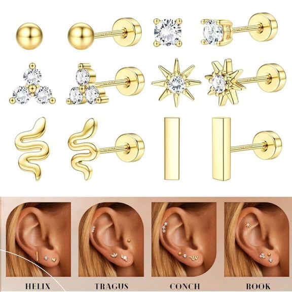 Dainty Hypoallergenic Flat Back Stud Earrings for Women Trendy | 14K Gold Plated Cartilage Earring Helix Conch Tragus Piercing Jewelry