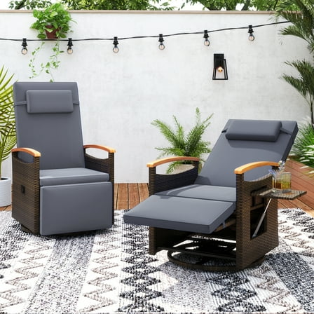 Gymax Set Of 2 Outdoor 360° Swivel Rattan Recliner Chair Patio Wicker Chaise Lounge Chair