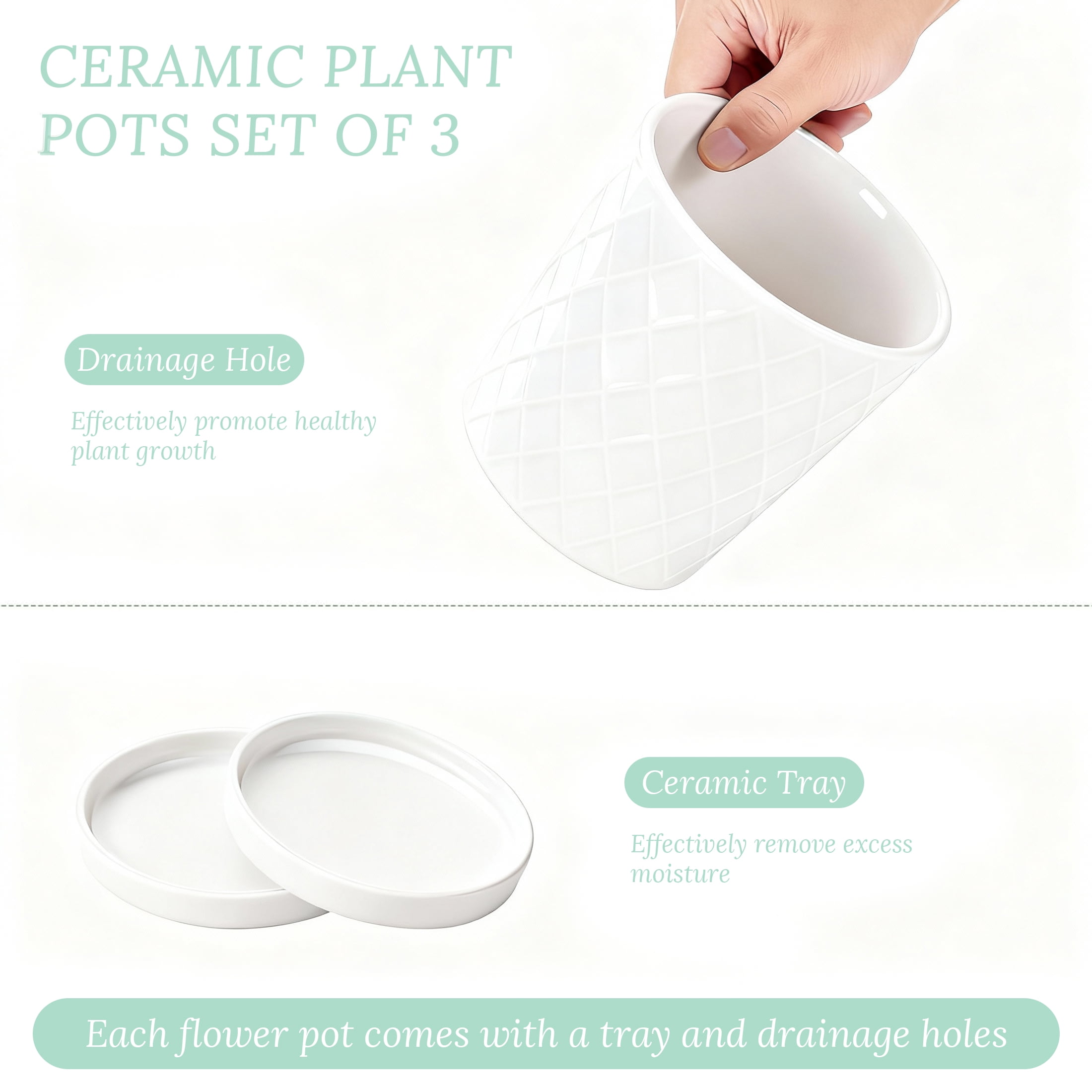 BUYMAX 4",5",6" Dia Planter Set of 3, Modern Style Ceramic Plant Pots with Drainage Hole and Tray for Indoor Outdoor Patio, Crisp Bright White