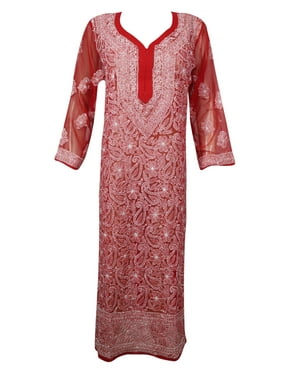 Mogul Women's Red Georgette Tunics Dress Paisley Embroidered Long Sleeves Beach Party Dresses