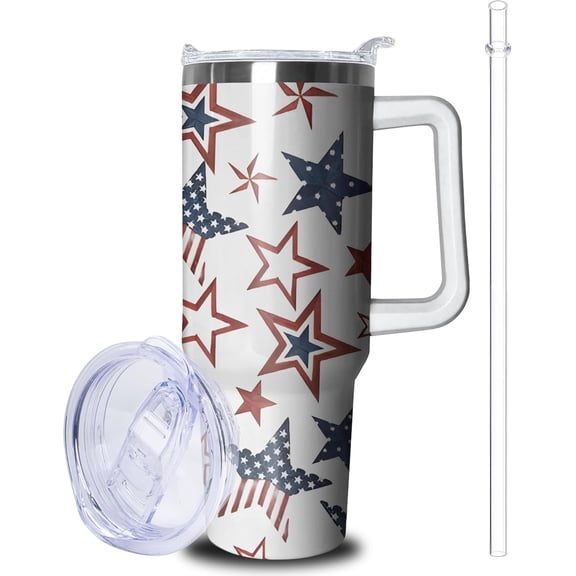 40oz American Flag Tumbler with Handle and Straw, Gifts for Memorial, Veterans, Independence, Patriots Coffee Mug, Water Bottle, Labor Day Stainless Steel Insulated Cup