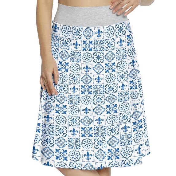 Women's Portuguese Fleur De Lis in Azulejo A-line Printed Skirt Casual Wear, 3XL, Night Blue and White, by Ambesonne
