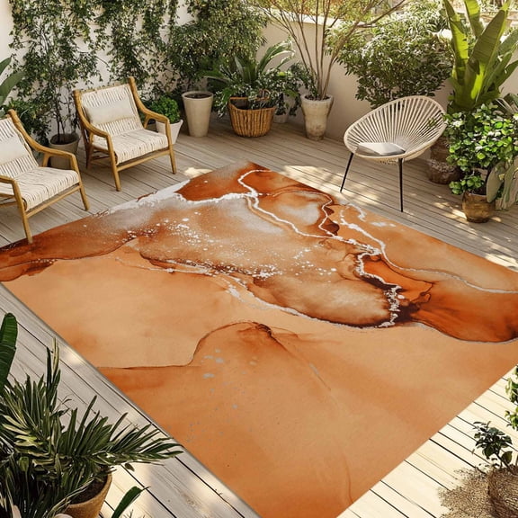 Fsddascl Marble Burnt Orange Outdoor Rug for Patio/Deck/Porch, Non-Slip Large Area Rug 5 x 8 Ft, Modern Abstract Ink Painting Luxury Indoor Outdoor Rugs Washable Area Rugs, Camping Rug Carpet