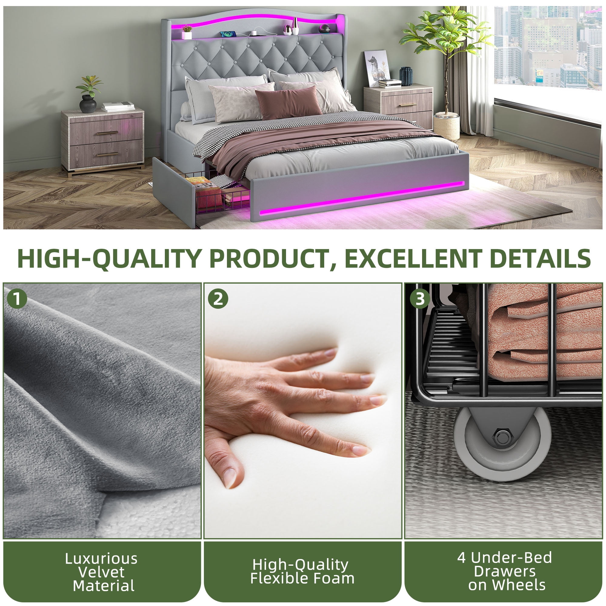 Uforic Queen Size Velvet Upholstered Bed Frame with RGB LED Ambient Light, Built-in Charging Station, No Box Spring Required, Gray