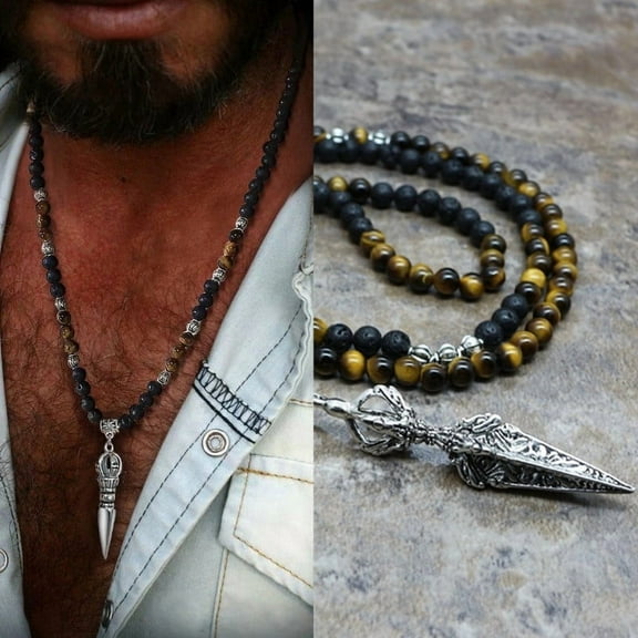 TIBETAN BUDDHIST PHURBA KILAYA THE MAGIC DAGGER WITHTIGER’S EYE LAVA STONE NECKLACE FOR MEN 14K White Gold JEWELRY