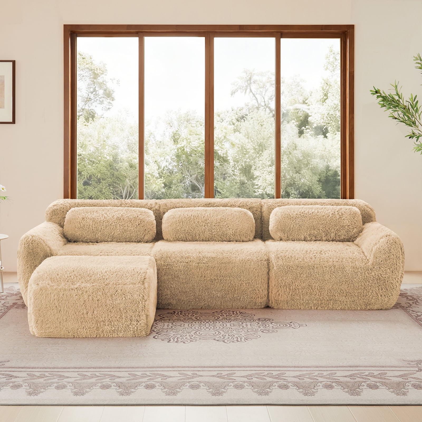 ZenNook 115" Sectional Couches for Living Room, Comfy Boneless Couch, 3 Seater Cloud Sofa, Compressed L Shaped Couch with Ottoman, Modern Modular Sectional, Plush Floor Sofa, No Assembly (Camel)