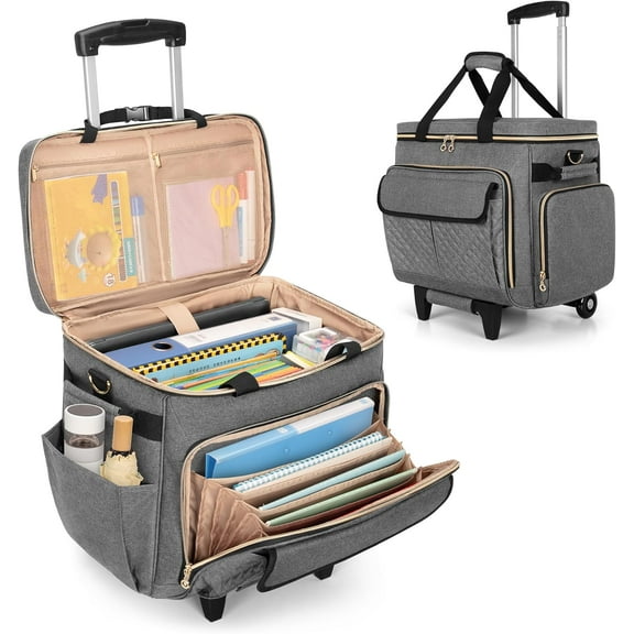 Rolling Teacher Bag with Laptop Compartment and Detachable Dolly, Multifunctional Rolling Briefcase with Accordion File Area (Patented), Gray