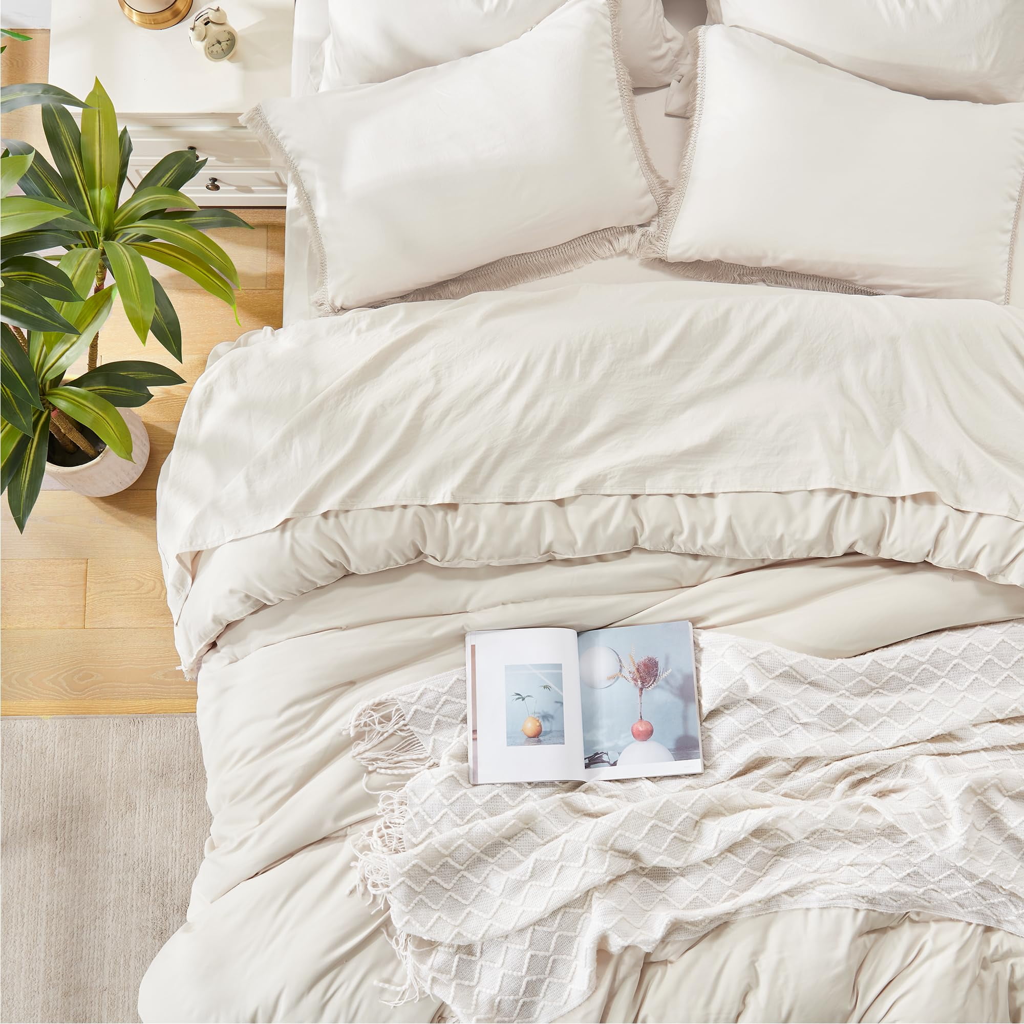Andency King Size Comforter Sets Beige - 7 Pieces Bed in a Bag Soft Fluffy Bedding Comforter Sets for King Size Bed - Lightweight Cream Boho Tassel Bed Set with Comforter, Sheets, Pillowcases & Shams