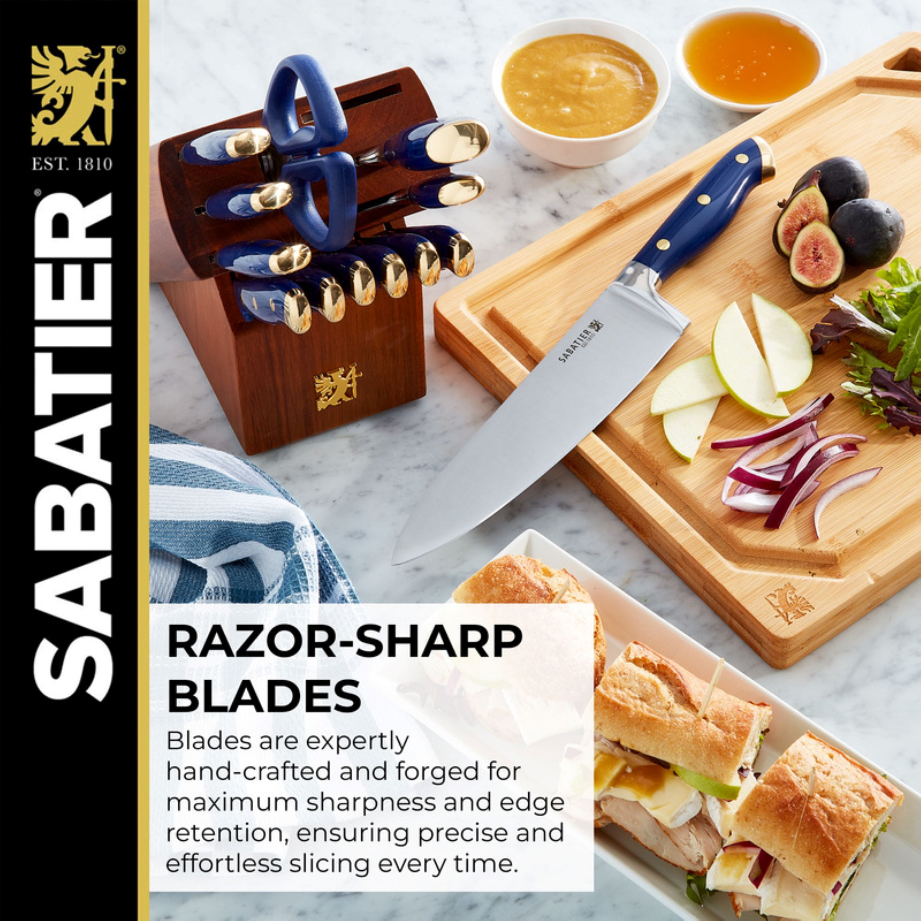 Sabatier 14 Piece Forged Triple Rivet Knife Block Set with Navy Handles and Brass Accents