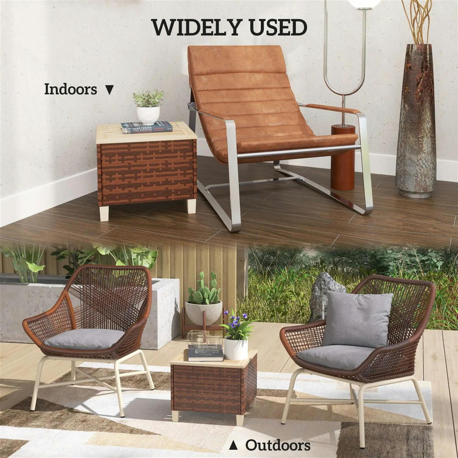 Demi Bonn 17" Outdoor Side Table with PE Rattan, Natural Fir Wood Top & Legs, Weatherproof End Table for Patio, Deck, Poolside, Brown
