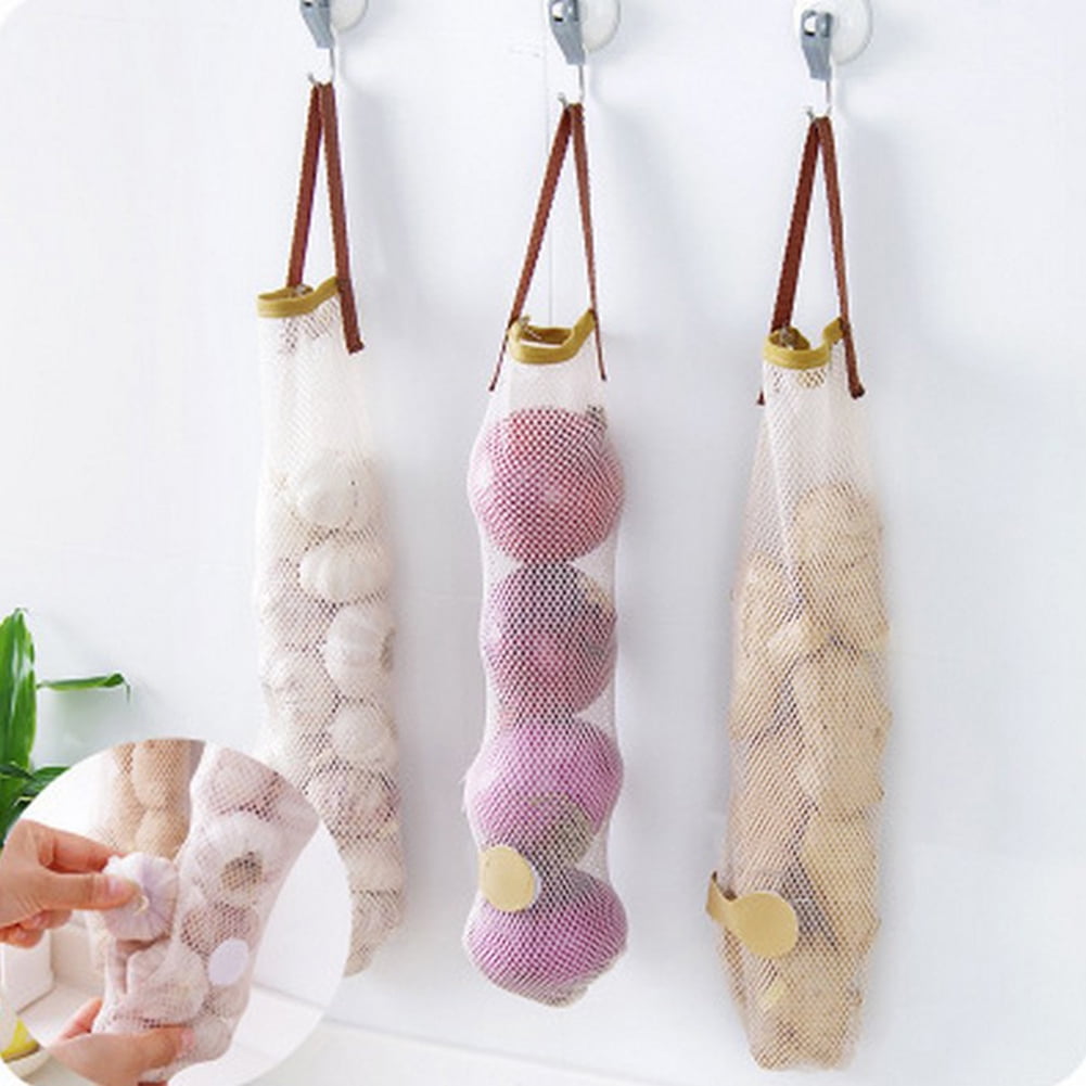 Walbest Hanging Mesh Storage Bags 4 Pack Onion Bags Mesh Garlic Net Bags Potatoes Bags, Long Reusable Net Storage Bags for Fruit Veggies Green Pepper or Garbage Bag