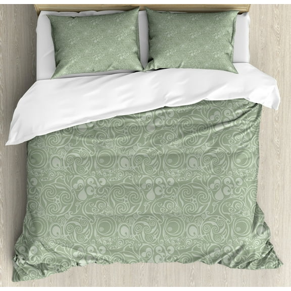 Abstract Duvet Cover Set Queen Size, Tribal Celtic Art Inspired Monochrome Swirls Scroll-like Ornaments, Decorative 3 Piece Bedding Set with 2 Pillow Shams, Pale Sage Green Pale Green, by Ambesonne