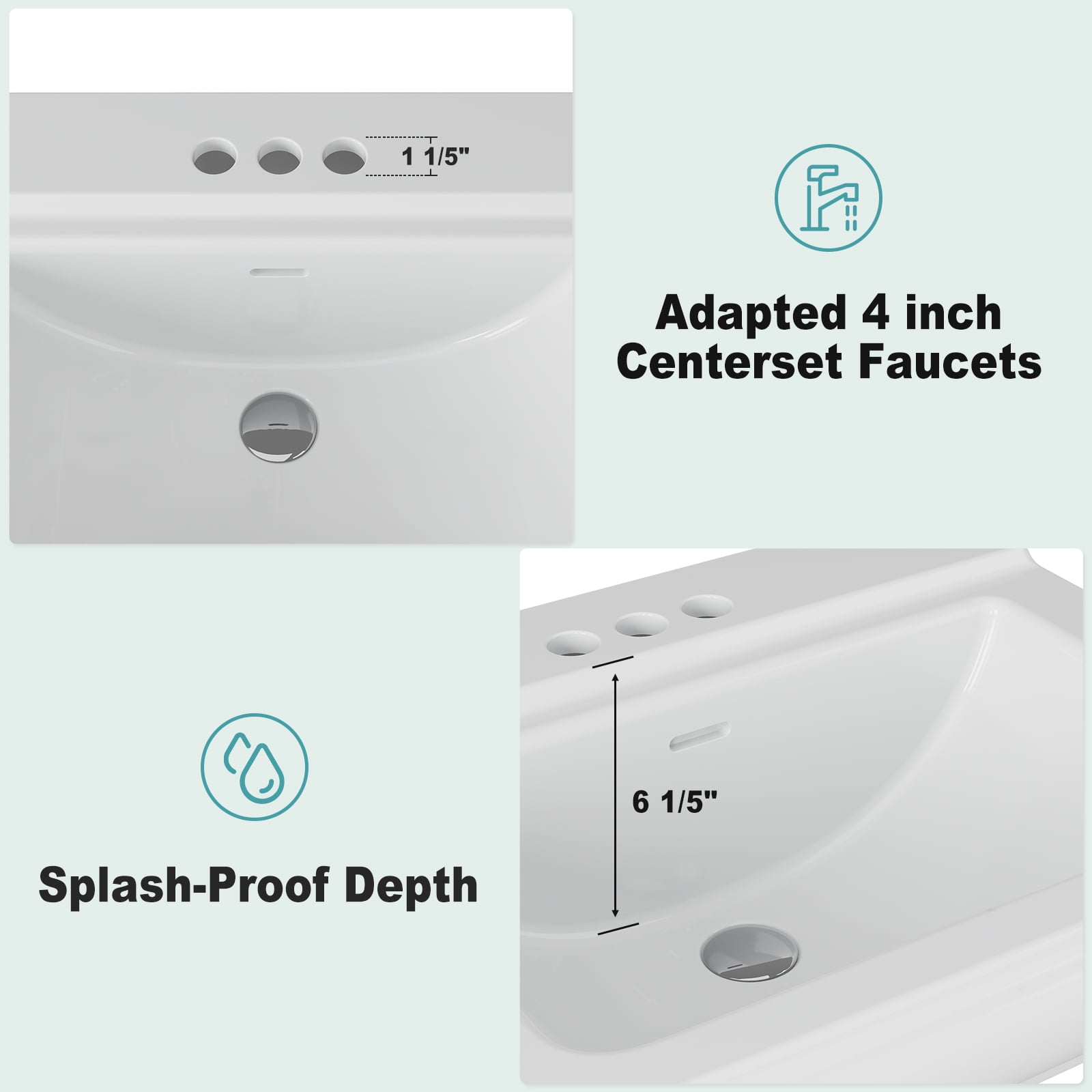 26"L X 21"W Rectangular Pedestal Sink, White Ceramic Pedestal Bathroom Sink with 3 Faucet Holes At 4" Faucet Centers, with Overflow