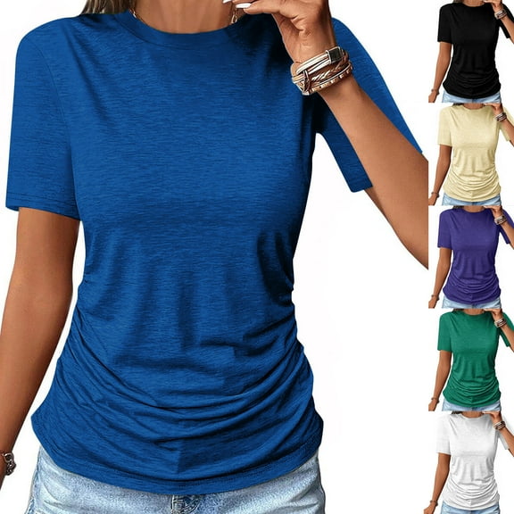 Itsame Short Sleeved Undershirt Tops for Womens Shirt T-Shirt Solid Color Relaxed Round Neck Blouses Black Size S