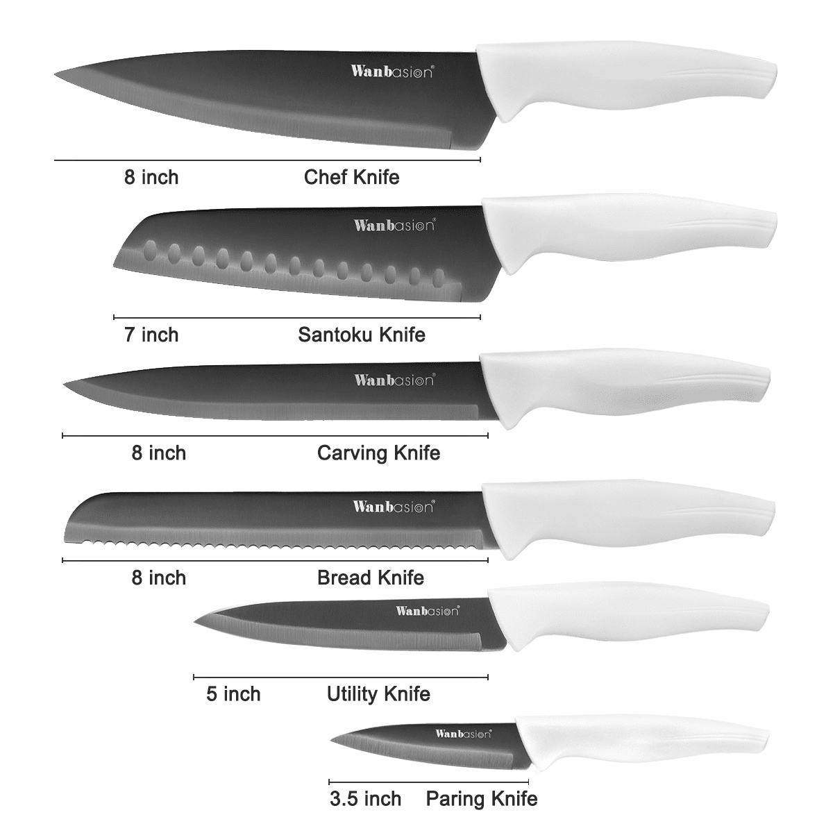 Wanbasion 6 Piece Black Knife Set with Sheath，Stainless Steel Kitchen Knife  Set， Chef Knife Set for Meat Cutting 