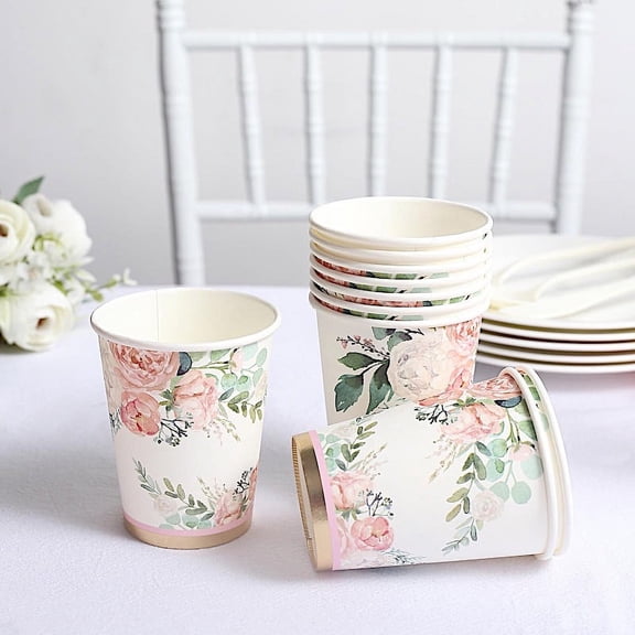 Balsa Circle 24 White 9 oz Pink Peony Flower Design Disposable Paper Drinking Cups Party Events Decorations