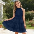thumbnail image 2 of FINALGANG Girls Kids Solid Color Halter Neck Ruffle Dress High Waist Smocked Bodice Tiered Layered Skirt Lightweight Elegant Cute Party Dress For Summer Vacation Wear Navy 8-9 Years, 2 of 5